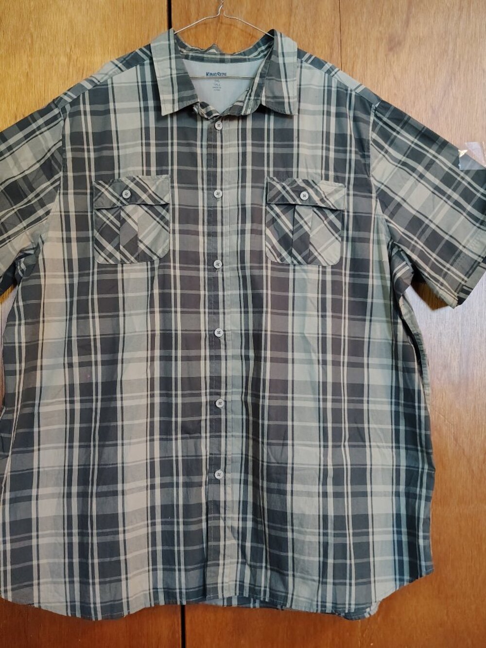 King Size Men's 3XL Tall Shirt Green Plaid Short Sleeve Button Front